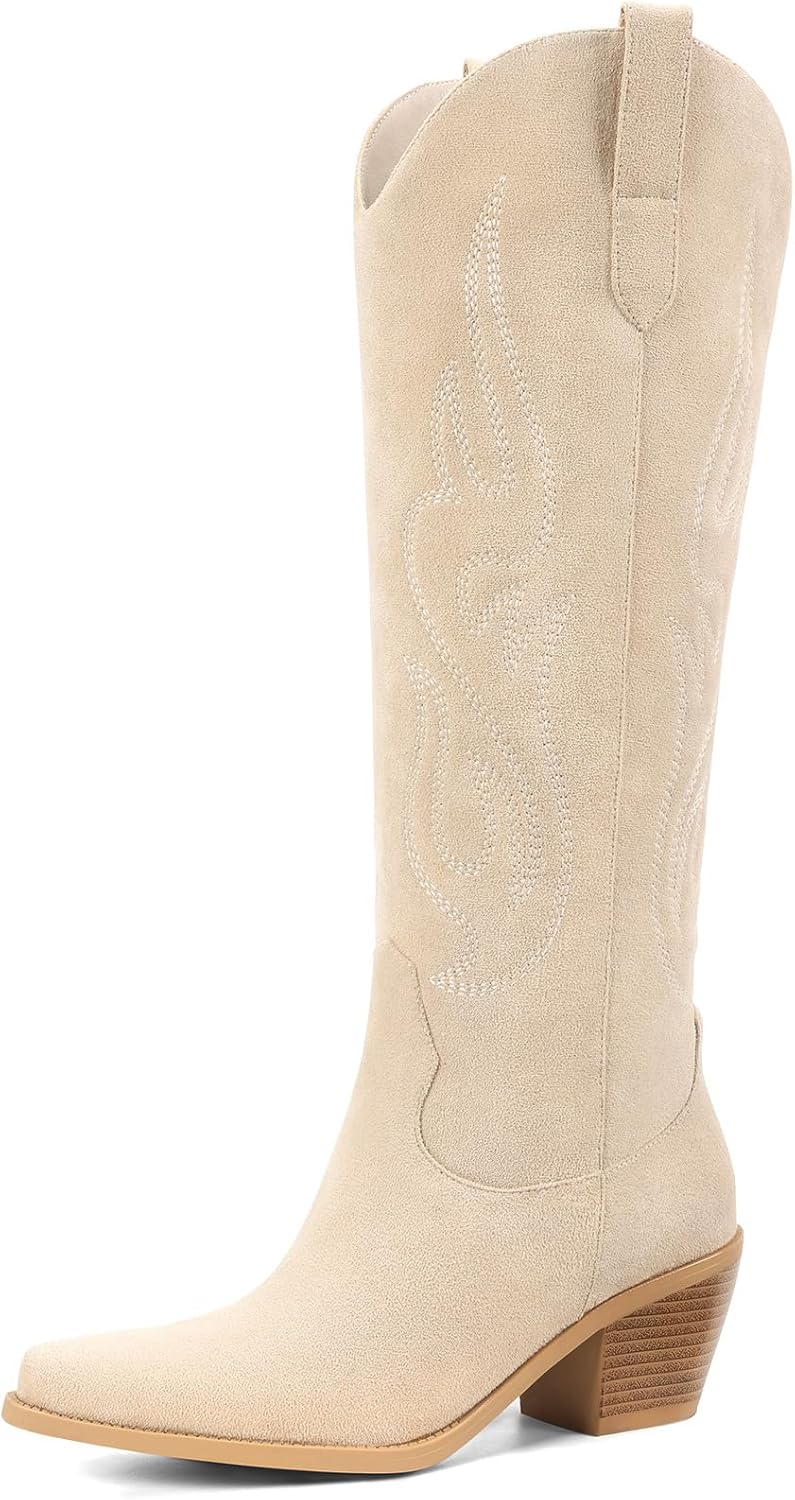 Pasuot Western Cowboy Boots for Women - Knee High Wide Calf Cowgirl Boots, Slip On Pointed Toe Chunky Heel Fashion Retro Classic Pull On Tall Boot for ladies Party concert