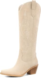 Pasuot Women's Knee High Cowboy Boots Wide Calf Slip-On Pointed Toe Chunky Heel Retro Cowgirl Style