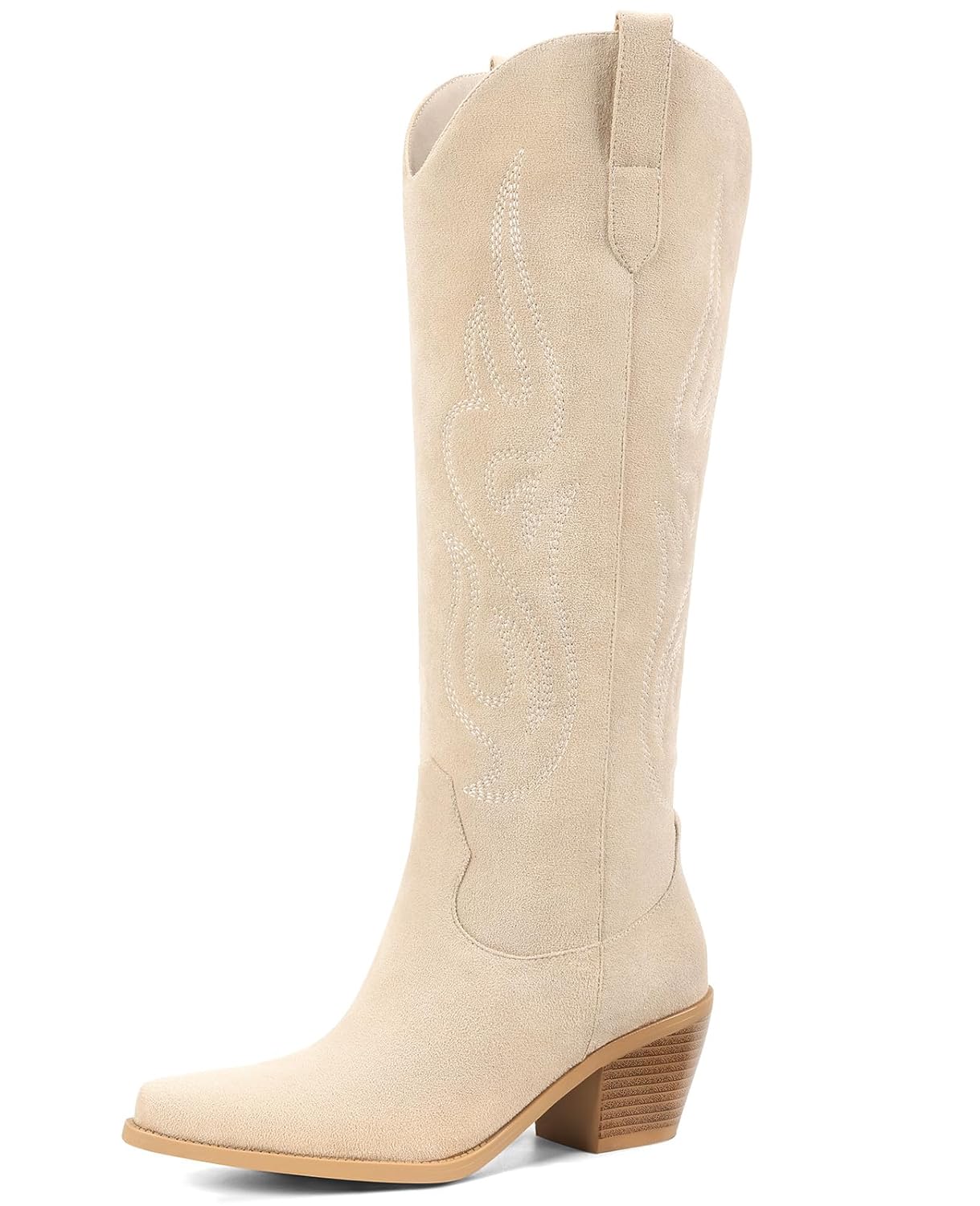 Pasuot Western Cowboy Boots for Women - Knee High Wide Calf Cowgirl Boots Slip On Pointed Toe Chunky