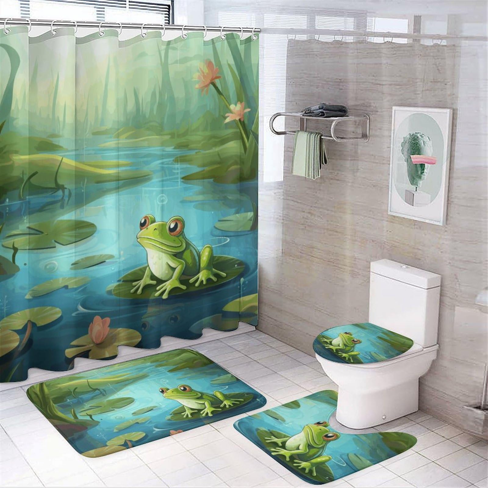 Rideau de douche grenouille imperméable avec tapis épais et 12 crochets solides pour salle de bain