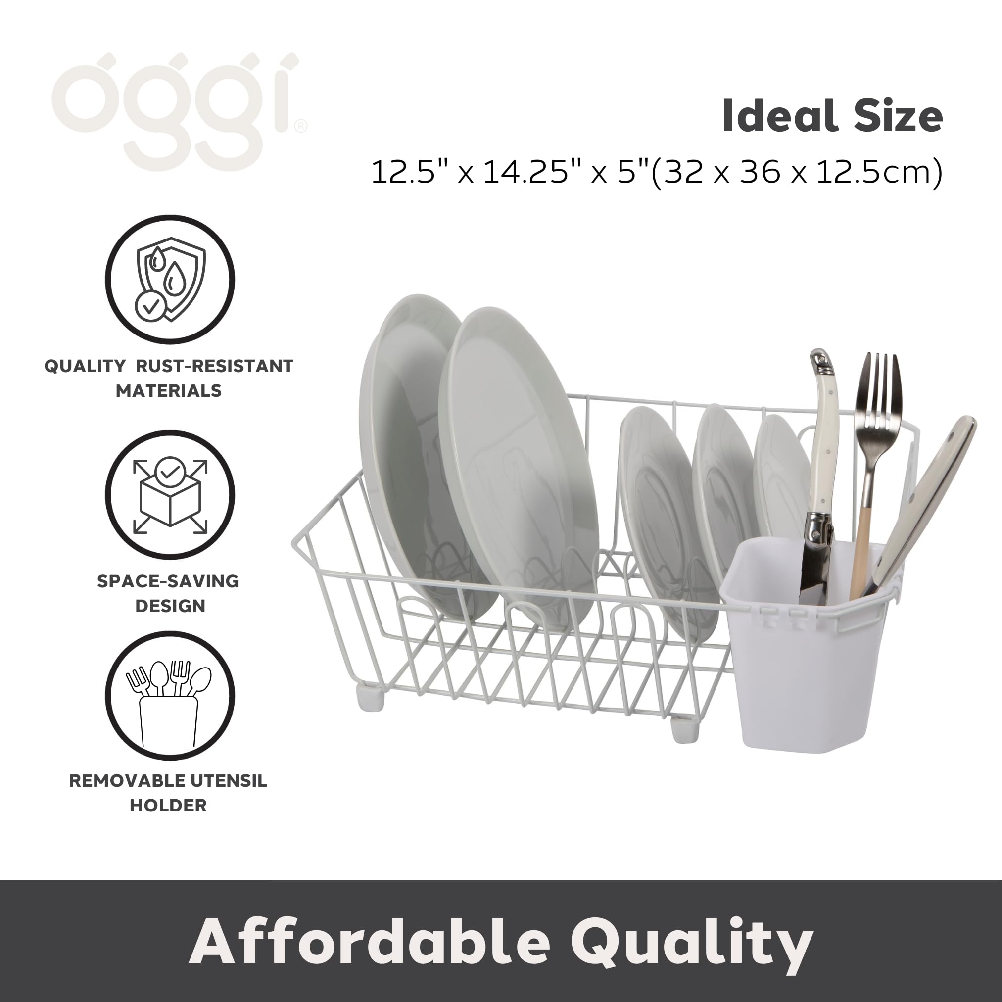 Oggi, Acero Inoxidable, Blanco, escurridor de Platos con Organizador de Utensilios