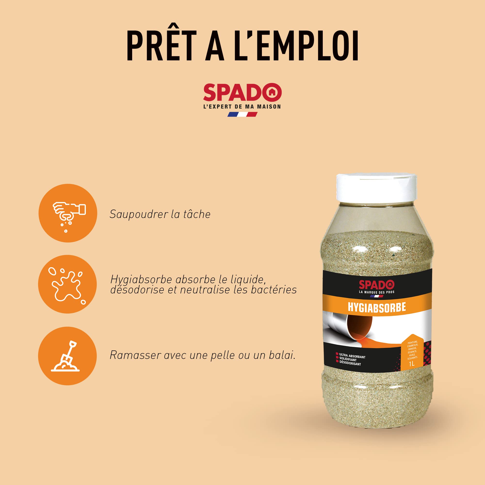 SPADO - Hygiabsorbe - Ultra absorbant - Solidifiant - Désodorisant - Actifs désinfectant - Parfum frais - 1L - Fabriqué en France