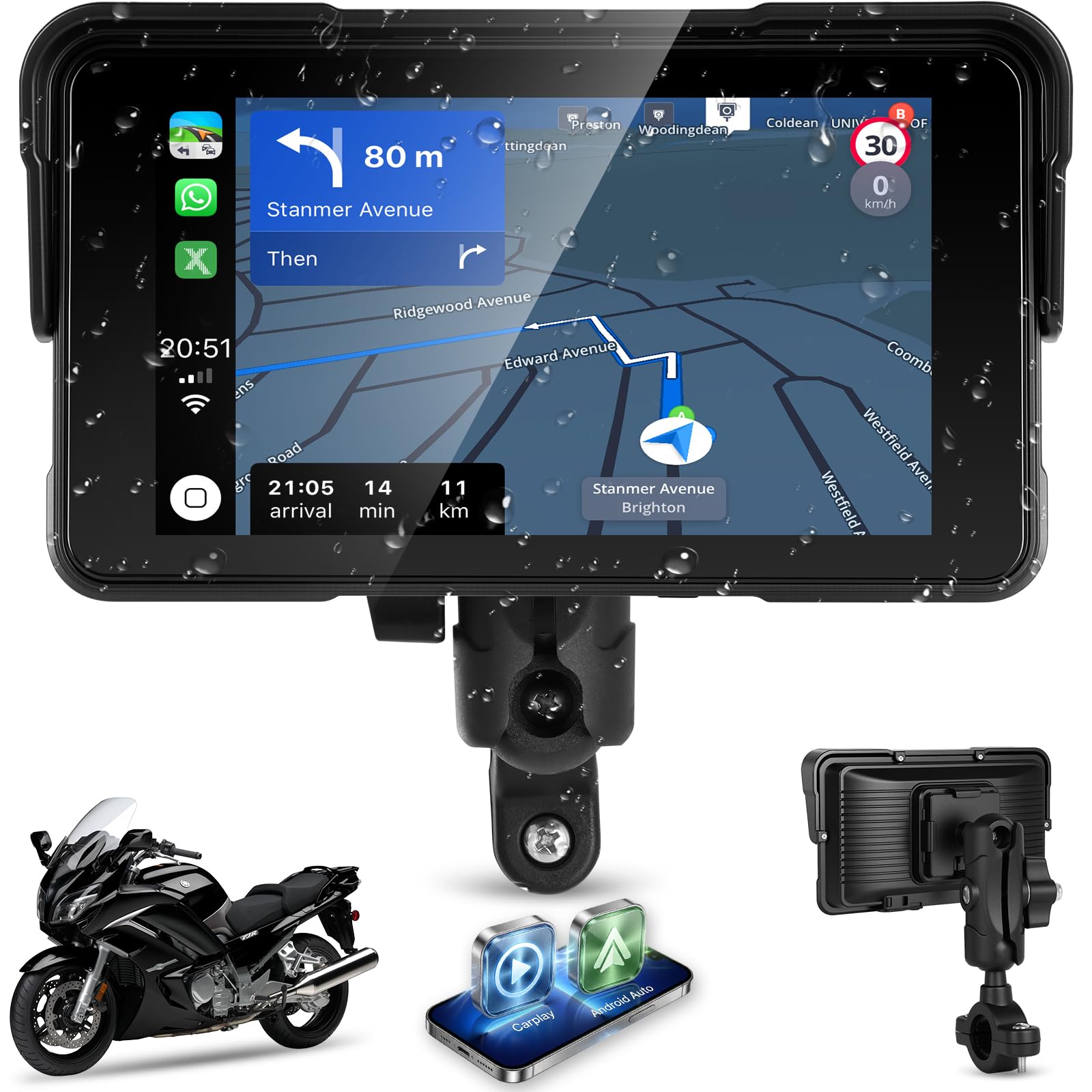 Schermo CarPlay Moto 5" HD Wireless Apple CarPlay Android Auto IP68 Impermeabile Bluetooth TPMS