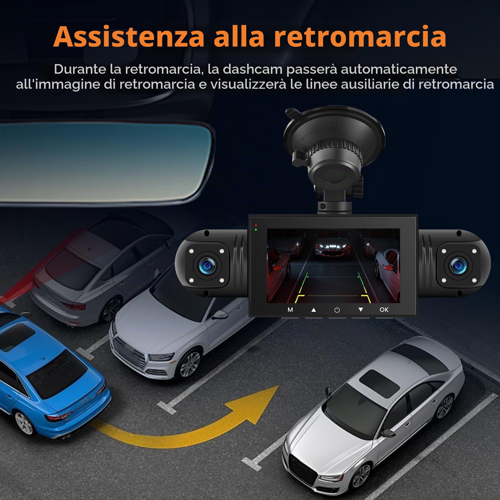 Mirror Dash Cam 4 Canali Anteriore Posteriore, Telecamera per Specchietto Retrovisore con 64GB Card/G-Sensor/Parking Monitoring/Night Vision/24H Parking Mode+Telecamera Posteriore Impermeabil