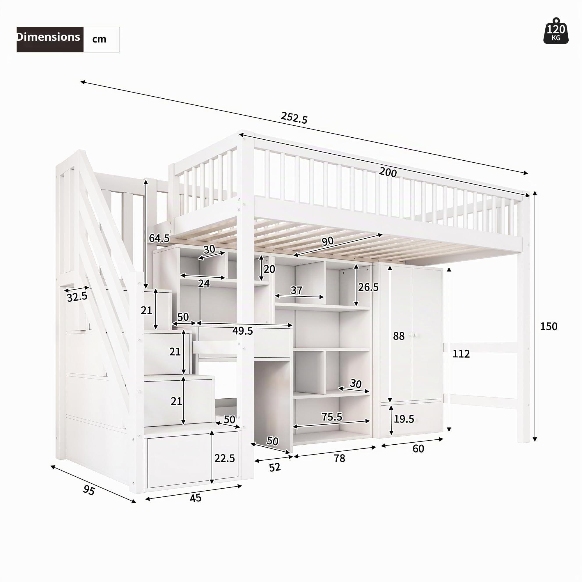 Lit mezzanine pour enfant 90 x 200 cm avec bureau, escalier de rangement, casiers et armoire, lit d'armoire multifonctionnel, avec beaucoup d'espace de rangement, lit en bois massif avec