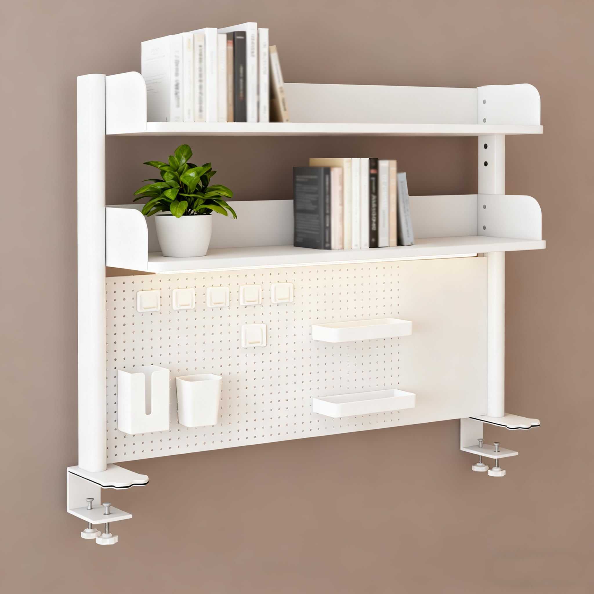 Klemmbare Schreibtisch Regal, 3 Ebenen Büro Computertisch Zubehör Organizer für Büro, Gaming, Zuhause, Aufhängbar, Klemmregal Mit 20 Zubehörteilen, (Weiß, 60x95cm)