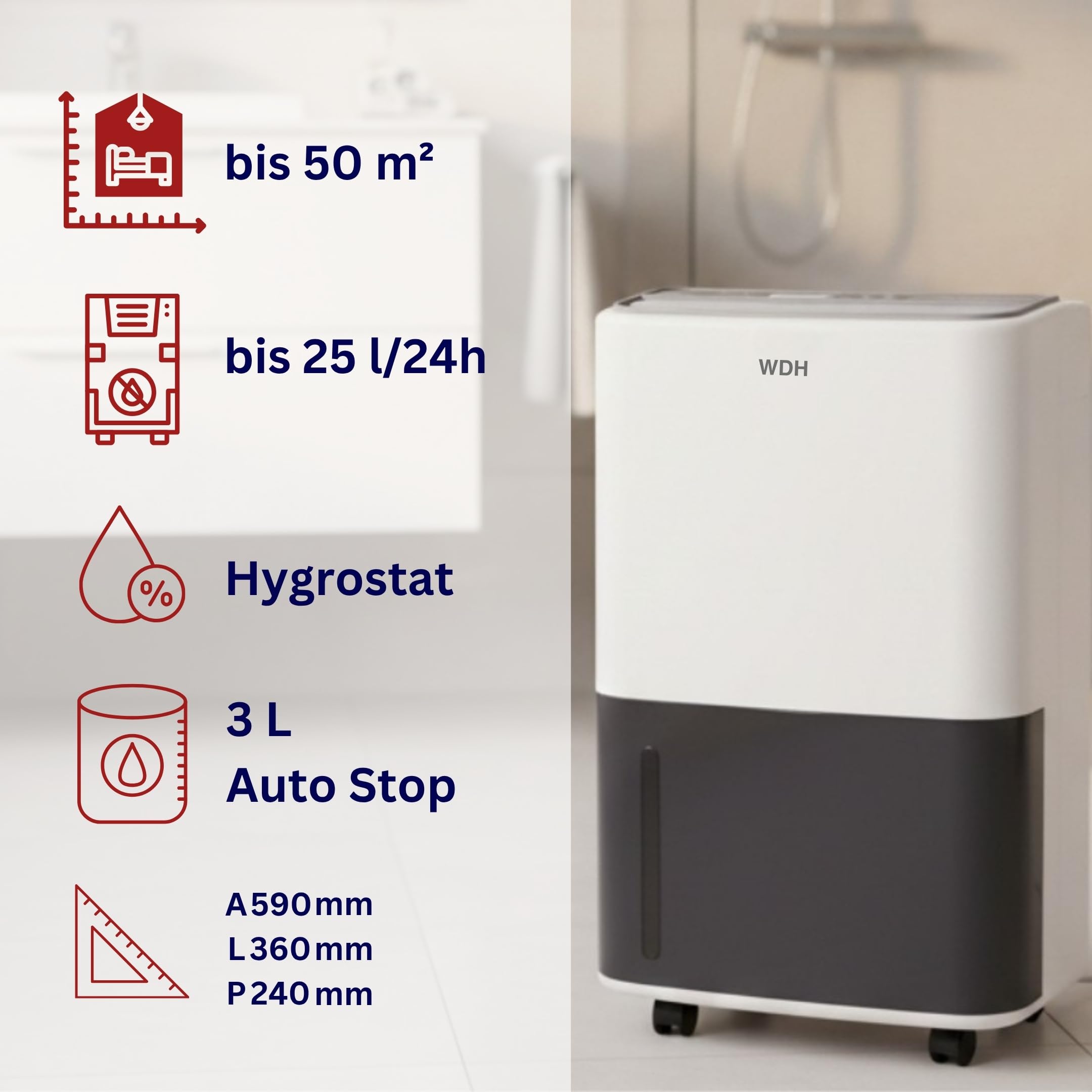 Aktobis WDH-725DG elektrischer Luftentfeuchter - Bautrockner | bis 25 L/T | Entfeuchter bis 25 L/24h, bis 50 m², weiß+grau, Timer | für Keller, Wohnung, Waschküche & Wäschetrocknung, gegen Schimmel