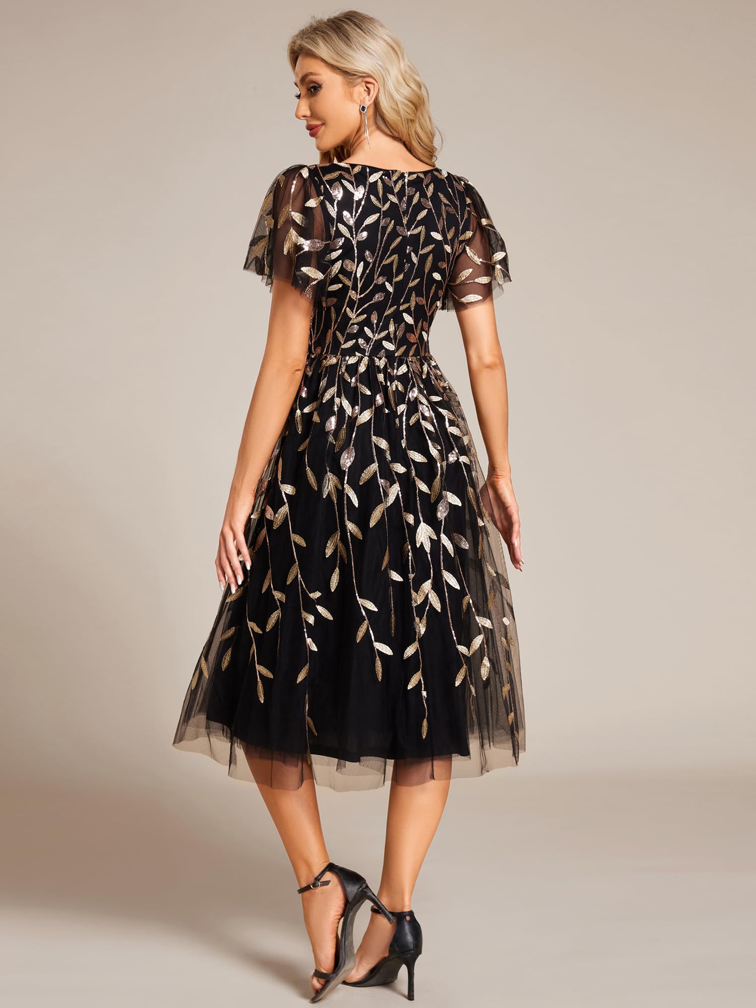 Ever-Pretty Robe Cocktail Femme Midi Paillette et Tulle Col V Manches Courtes EG02230