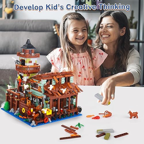 Miniatura 5 de Allhero Fishing Village Store - Juego de construcción de casa con luz LED, mini bloque de construcción de cabaña de madera, kit de juguetes de