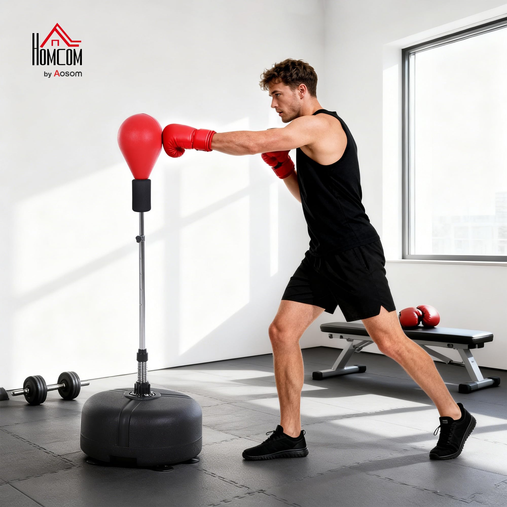 HOMCOM Saco de Boxeo de Pie Punching Ball Altura Ajustable 136-154 cm Base Rellenable Guantes Adultos Adolescentes