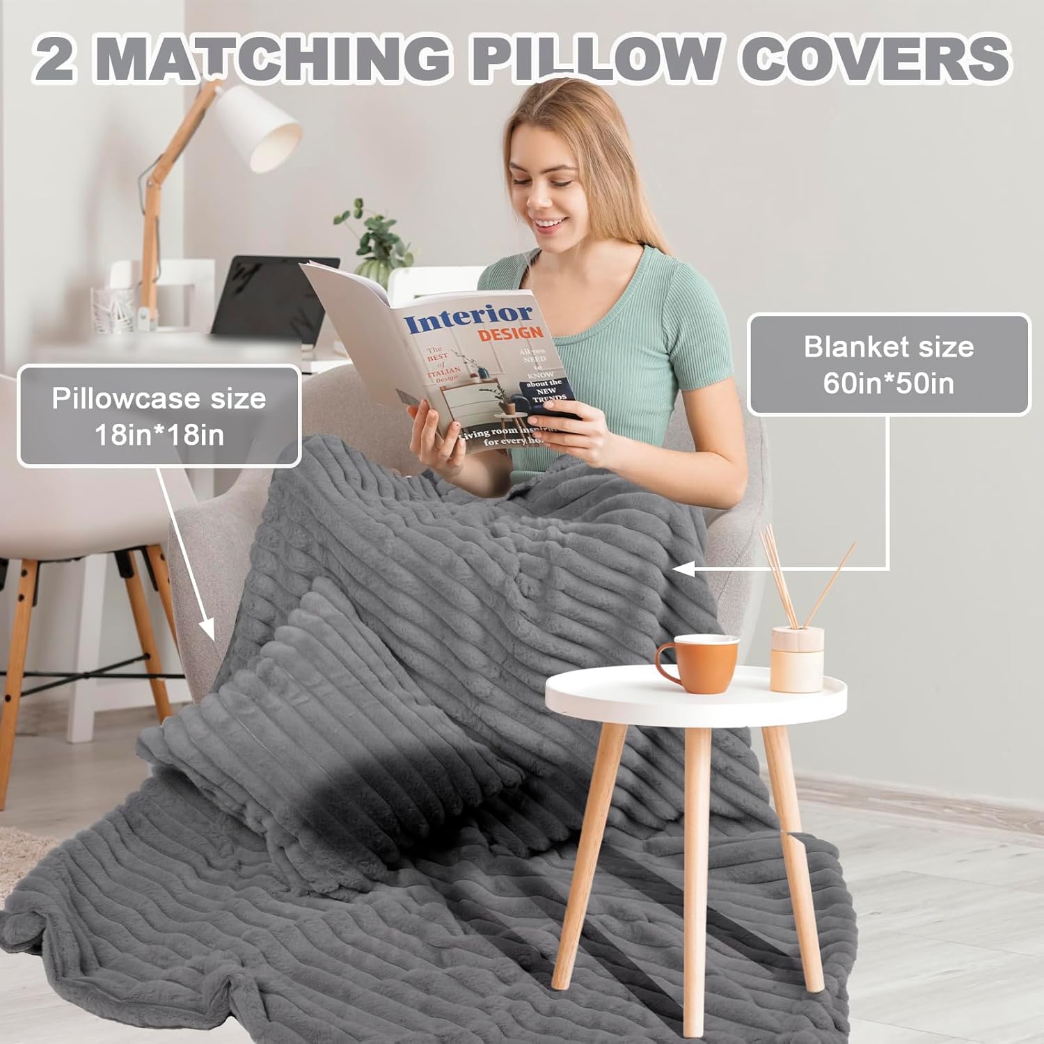 Blanket & Throw Pillow Covers Set - Dual-Sided Faux Fur Fluffy Blanket (50" x 60"), 2 Pcs Cozy Plush Throw Pillow Cover (18" x 18"), Soft Fuzzy Decorative Coach Decor for Bed Sofa Living Room, Gray - Image 2