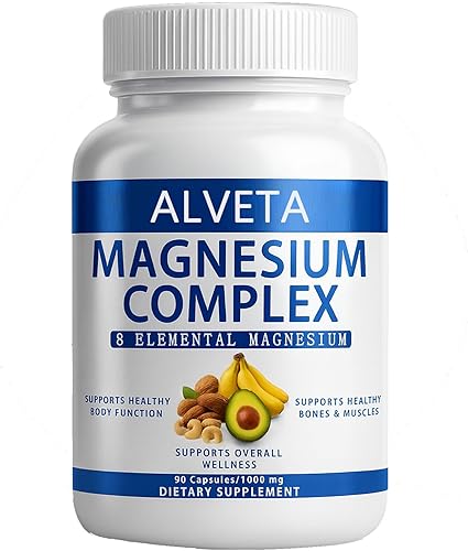 Complejo de magnesio Alveta, 8 formas elementales de magnesio para el bienestar diario muscular, óseo y general - 90 cápsulas, 1000 mg