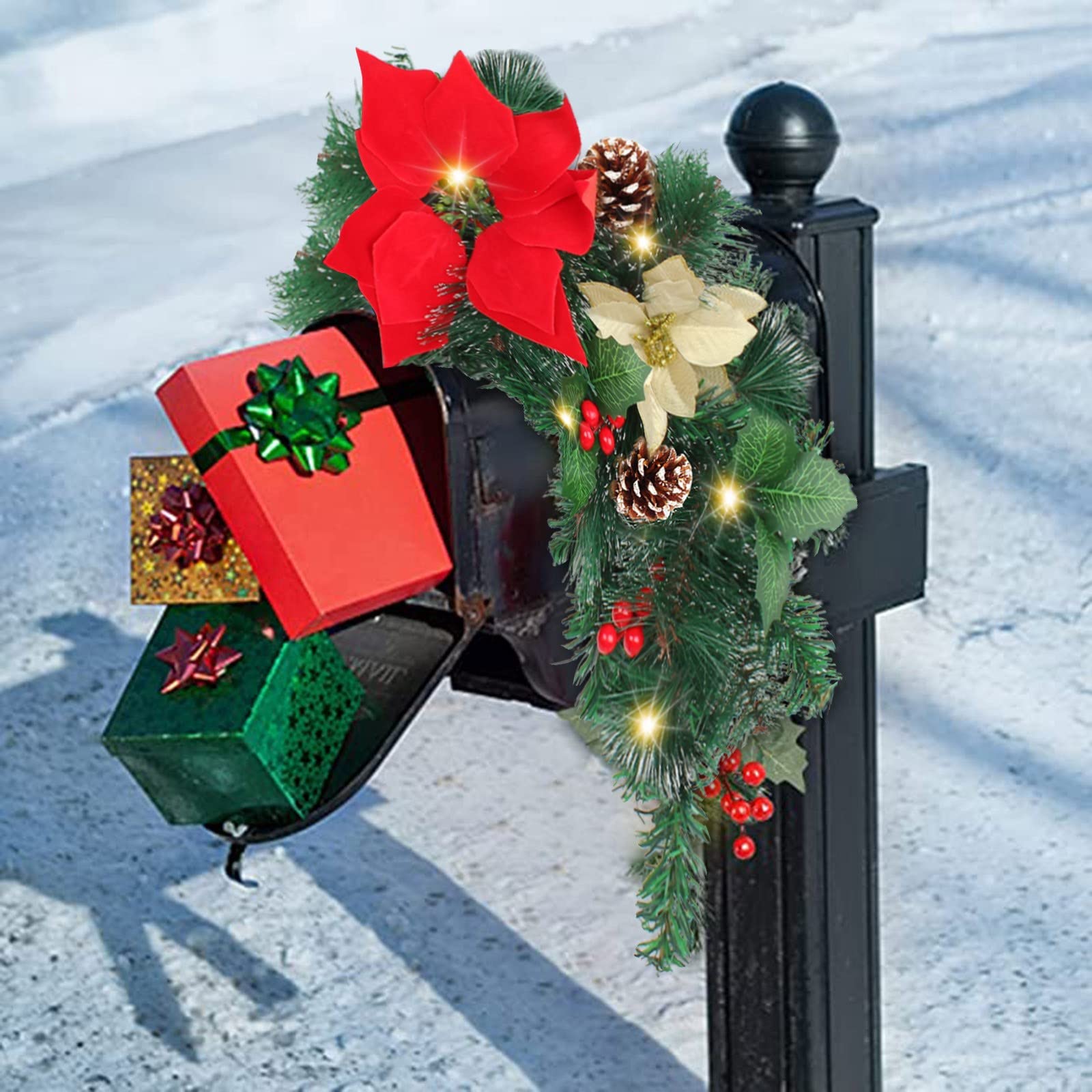 Christmas Swags Outdoor Holiday Swags AOLHXY 37'' Christmas Mailbox Swag  With Lights Berry Red Flowers Clusters Pine Cones,Christmas Artificial  Garland Christmas Mailbox Decor Christmas Window Box Decorations Outdoor  Prelit Mailbox Swag, image size:1600x1600