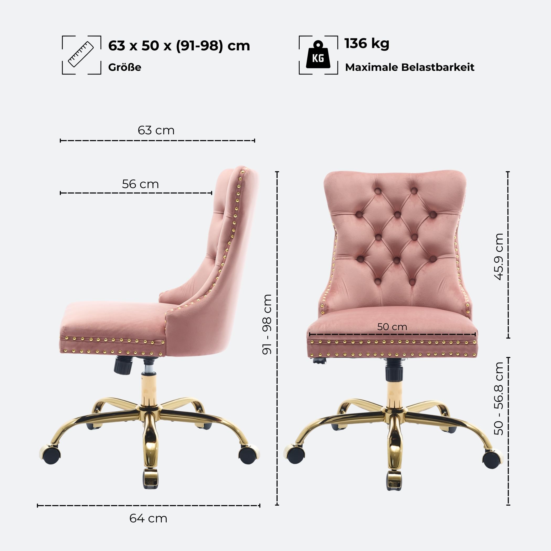 Vintage Britischer Samt-Bürostuhl mit gesteppter Rückenlehne & Nagelkopfverzierung, höhenverstellbar, Schwenk- und rollbar, belastbar bis 150 kg - Bequemer Schminkstuhl für Homeoffice