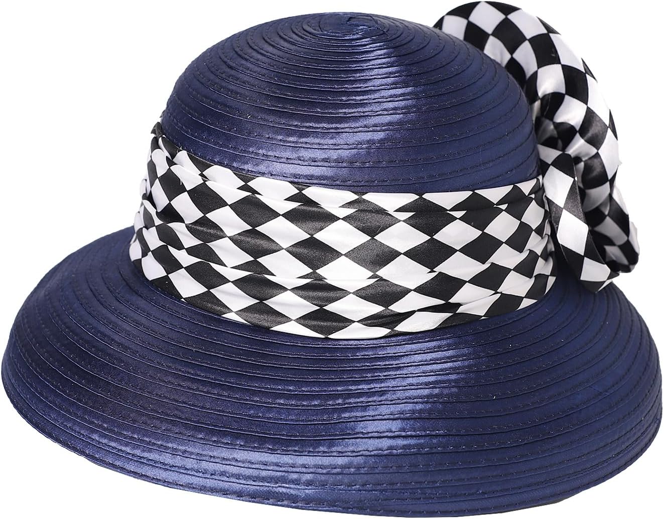 Satin Cloth Hats with Plaid Bead Veil Wide Brim Wedding Bridal Formal Church Hat for Women Fascinator Derby Cap