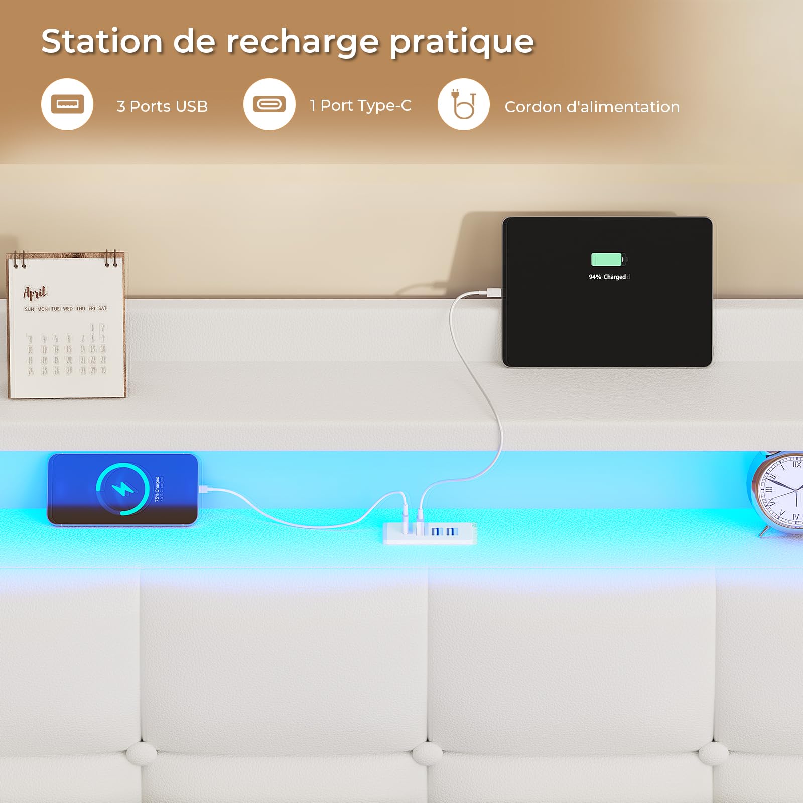 AOGLLATI Lit Flottant,140×190 CM, Cadre de Lit avec Éclairage LED, Multiprise, Tête de lit avec Rangement, Structure Stable, Pas Besoin de Sommier, PU, Blanc