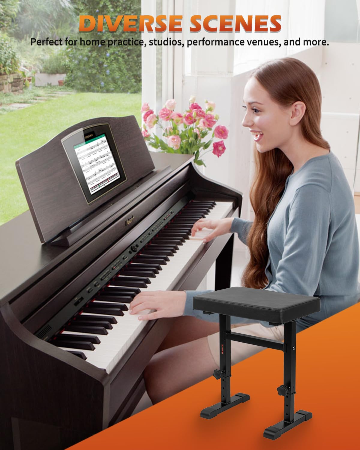 Banco de piano ajustable en altura para piano con asiento acolchado para músicos, color negro, modelo SPB-M60 de piel sintética