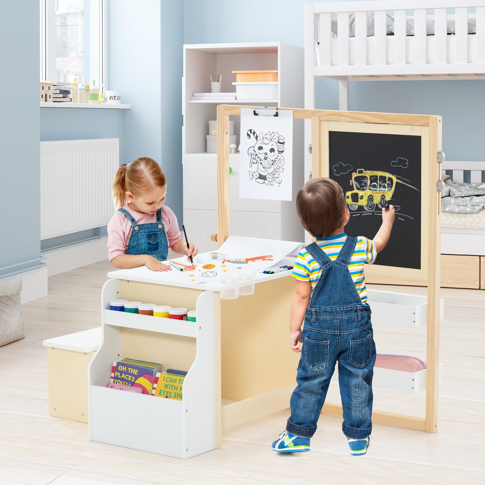 COSTWAY Bureau Enfants 2 en 1 Bois avec Banc & Etagères, Tableau Double Face Réglable avec Rouleau Papier & Craies, Table Dessin 3 Ans+ 50kg Blanc