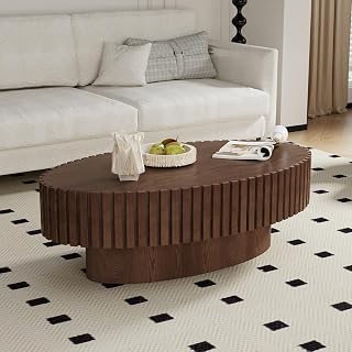 YYZIWYUN Oval Fluted Mid-Century Modern Coffee Table - Handcrafted Ellipse Drum Relief Design for Living Room & Apartment (Brown)