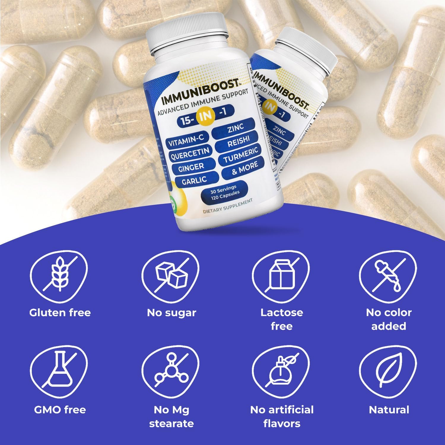 15 in 1 Immune Support Supplement 120 Capsules with Powerful Blend of Turmeric, Ginger, Vitamin C and Zinc Immune Booster for Adults - Image 3