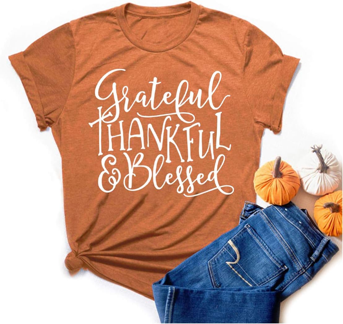 Grateful Thankful Blessed Thanksgiving Shirts for Women Short Sleeve Tops Tee