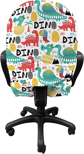 Miniatura 2 de Lunarable Funda para silla de oficina de dinosaurio, caligrafía de dinosaurio con dibujos inusuales y detalles orientales escandinavos, funda