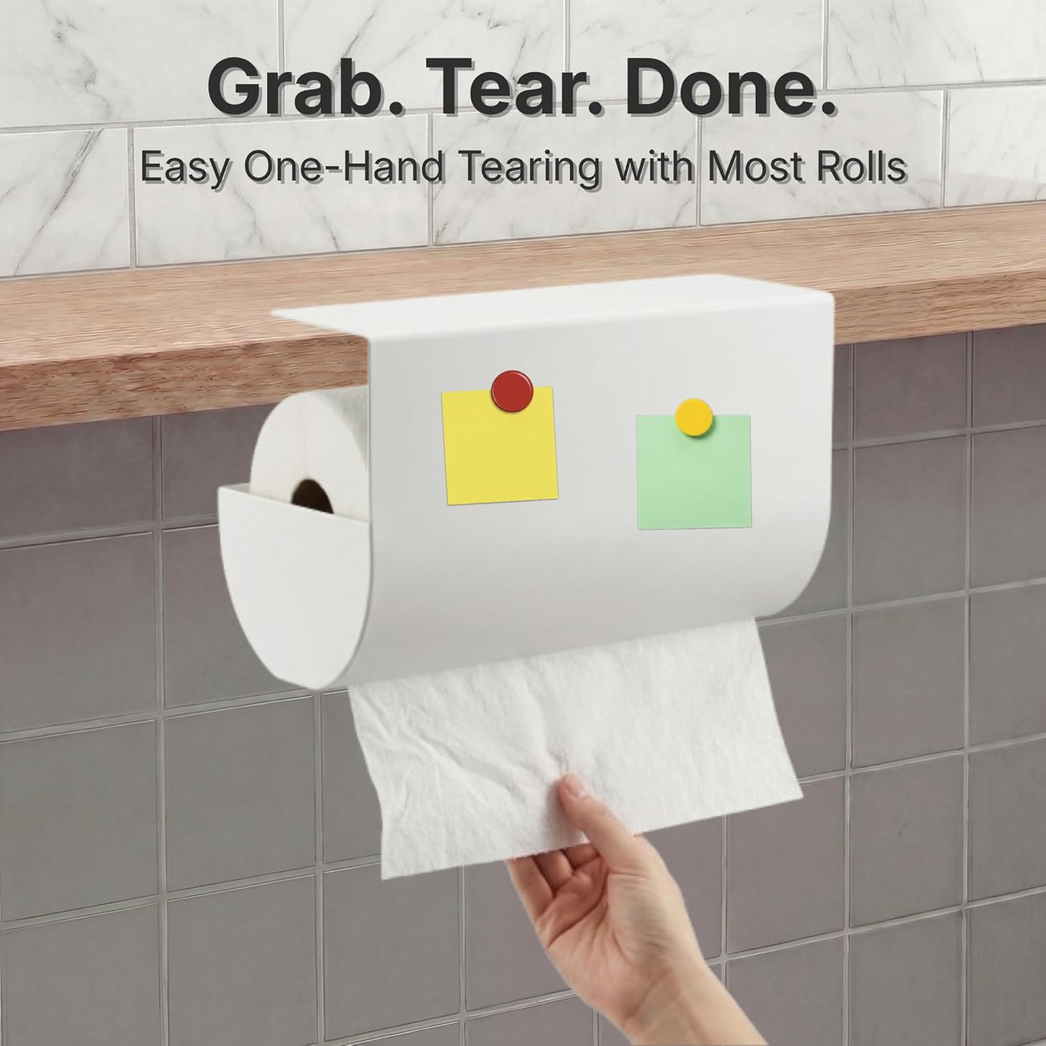 Under Cabinet Paper Towel Holder – No Drill Shelf Mount, Designed for Easy Tearing, Magnet-Ready Steel Surface, Fits Standard US Paper Towel Rolls up to 11" (White)