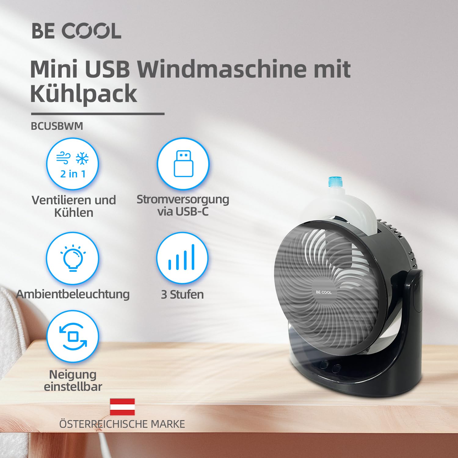 Be Cool USB-Windmaschine 15cm mit Kühlakku – Ø 6" / 15 cm, Kupfermotor, 10 Watt, Kühlakku im Lieferumfang, 7-farbige LED-Beleuchtung, USB Typ-C, schwarz