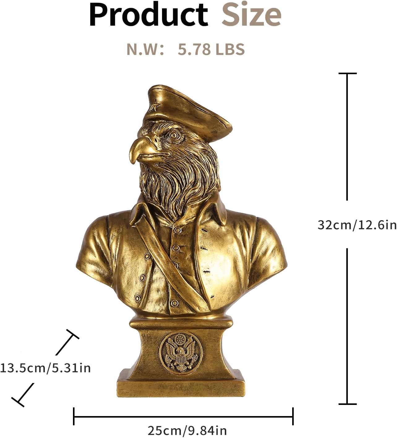 Gold American Eagle Statue - Patriotic Marine Military Officer Bust Figurine with USA Seal Base - Vintage Resin Sculpture for Home Office Desk, Bookshelf, Library Decor - Gifts for Veterans