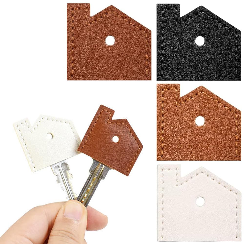 キーカバー PUレザー製キーキャップ 4個セット 鍵カバー かわいい家の形 アンティークレザー 着脱が容易 鍵を簡単に識別 滑りにくい 衝突 衝撃防止 斬新な形 子供 大人用 キーの装飾 理想的なアクセサリー 3.6*3.3cm（ブラウン/ダークブラウン/ホワイト/ブラック各色1個）