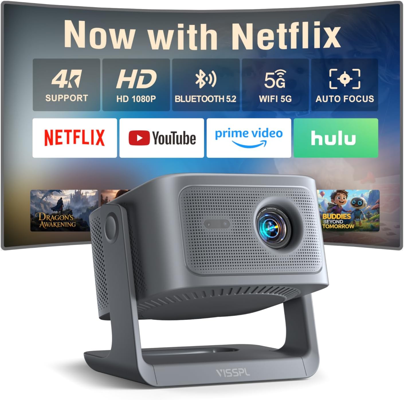 【Now with Netflix & 3000ANSI】Smart 4K Projector with WiFi and Bluetooth, VISSPL 3D Dolby Audio and Auto Focus Portable Outdoor Projector, Movie Home Theater Projectors for Bedroom/Ceiling