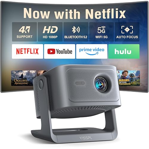 【Now with Netflix & 3000ANSI】Smart 4K Projector with WiFi and Bluetooth, VISSPL 3D Dolby Audio and Auto Focus Portable Outdoor Projector, Movie Home Theater Projectors for Bedroom/Ceiling