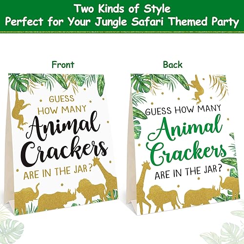 Miniatura 4 de Bessmoso Gold Safari Baby Shower Decoraciones Suministros Guess How Many Animal Crackers Juego con letrero de pie, 30 tarjetas