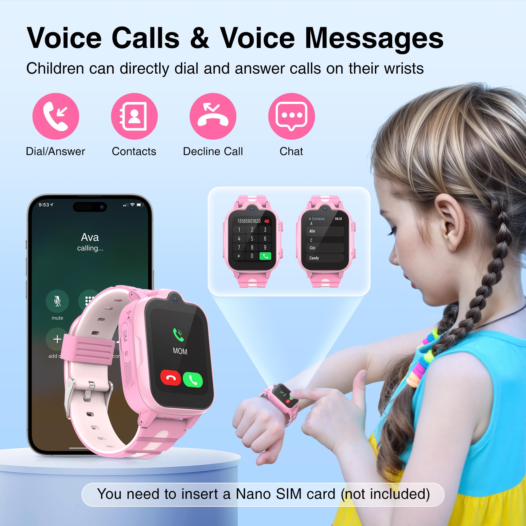 AstraMinds GPS Smartwatch Bambini 4G Telefono, IP67 Impermeabile, Orologio Smart Watch Chiamata con WiFi, Videochiamate, SOS, Sveglia, Kids Orologio per Ragazzi 4 a 12 Anni, Rosa