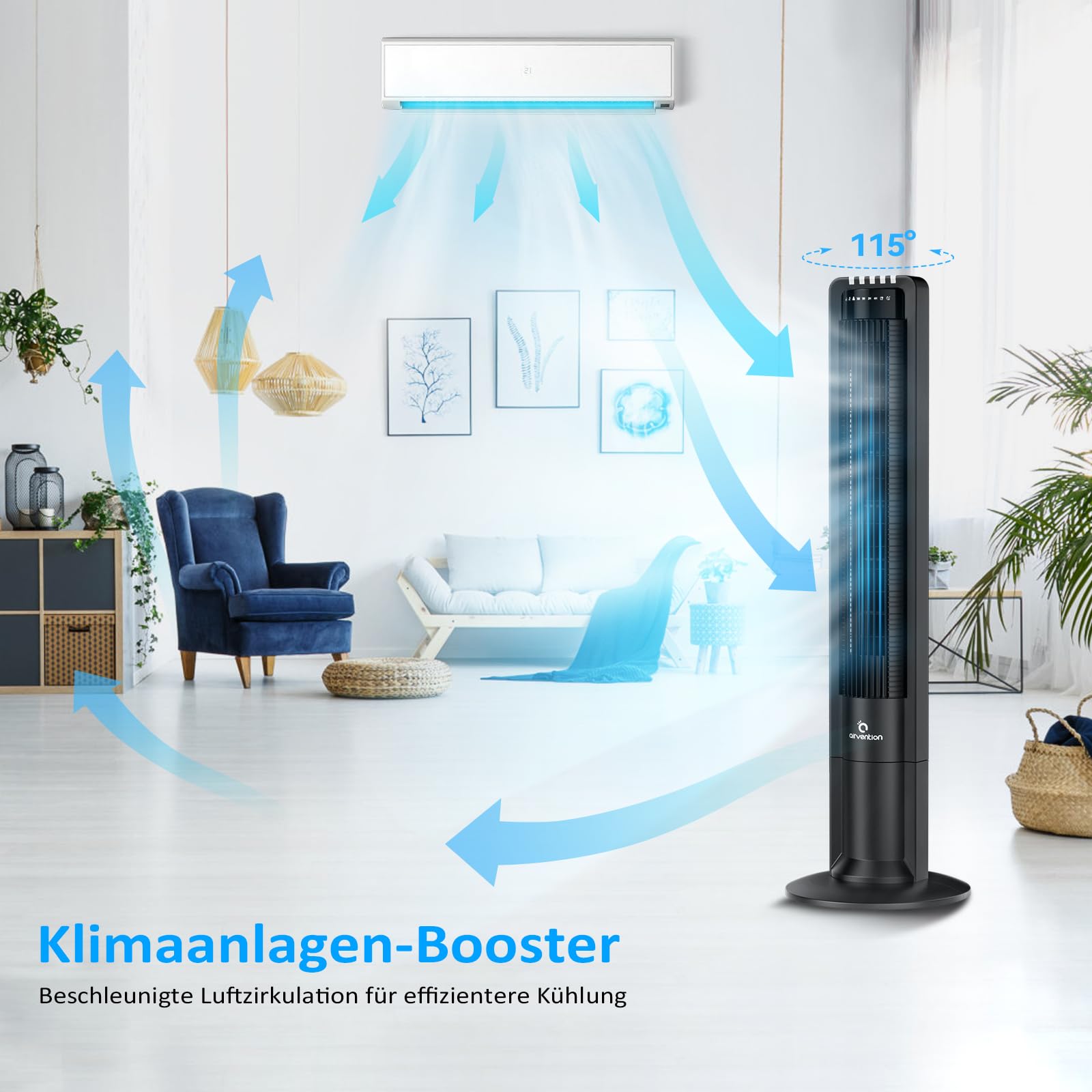 Turmventilator mit Fernbedienung, 109cm, leise, 115° oszillierender Säulenventilator, Standventilator schwarz, Timer, 0,04 kWh stromsparend, 3 Geschwindigkeiten, X01A, Tower Fan