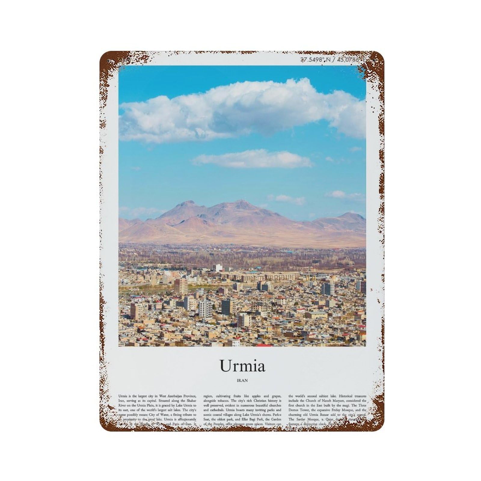 xiaoxiaoshen Urmia Iran City Scenery Wall Decor Art Metal Tin Poster Modern Home Decor Art Home Bar Shop Decorations Vintage Sign 40x30cm