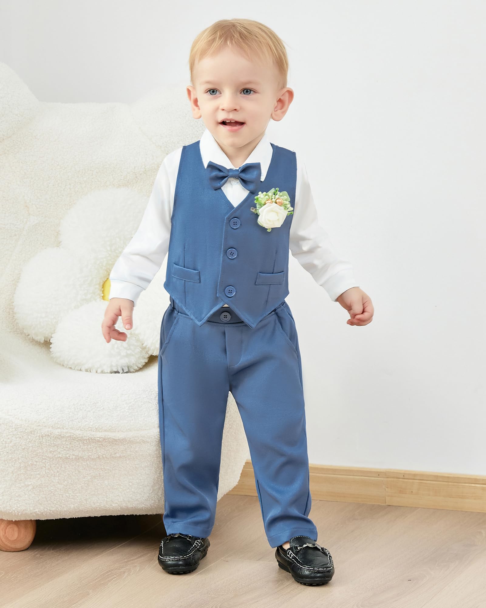 ZOEREA Ensembles Bébé Garçon Gentleman Smoking Vêtements 0-18 Mois, Enfant Mariage Vêtements Manches Longues Chemise + Gilet + Nœud Papillon + Corsage + Pantalon