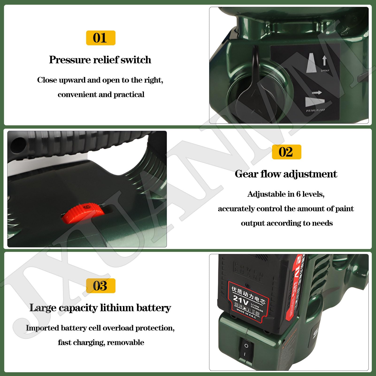 Pistola a spruzzo airless Senza Fili da 500 W, Pistola a spruzzo elettrica Portatile ad Alta Pressione (15 MPa) da 1,2 l, con Batteria al Litio da 21 V, 6 velocità Regolabili Green-1Battery