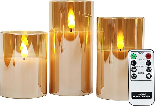 Rhytsing Gold Glass Battery Operated Candles with Remote, Flameless LED Candle Gift Set, Warm White Light, Batteries Included - Set of 3