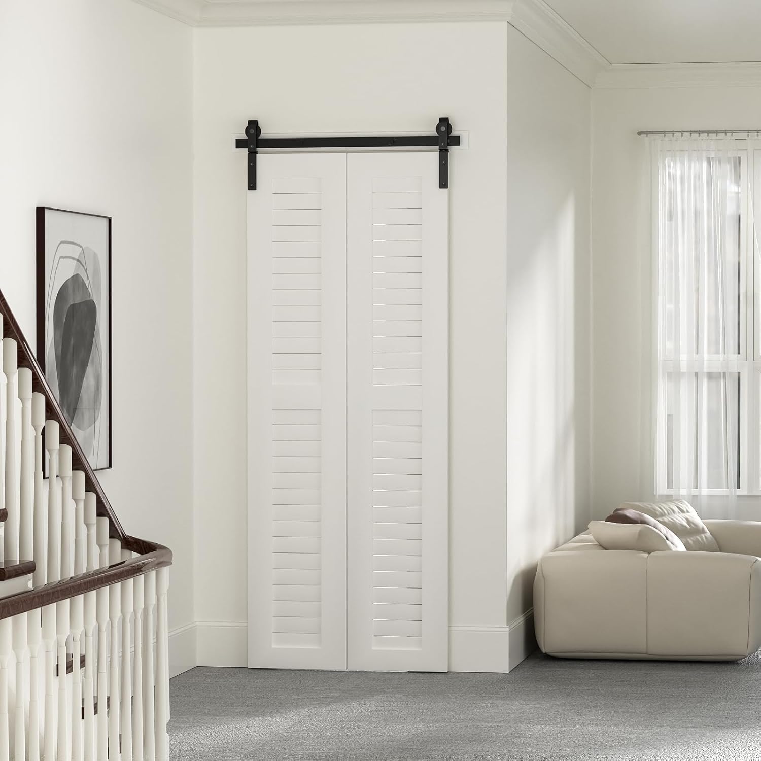 92cm/3FT Binario per Porta Scorrevole Bifold Kit Porta Scorrevole Nera per 2 Porte Scorrevoli Interno Esterno Muro 43cm Larga