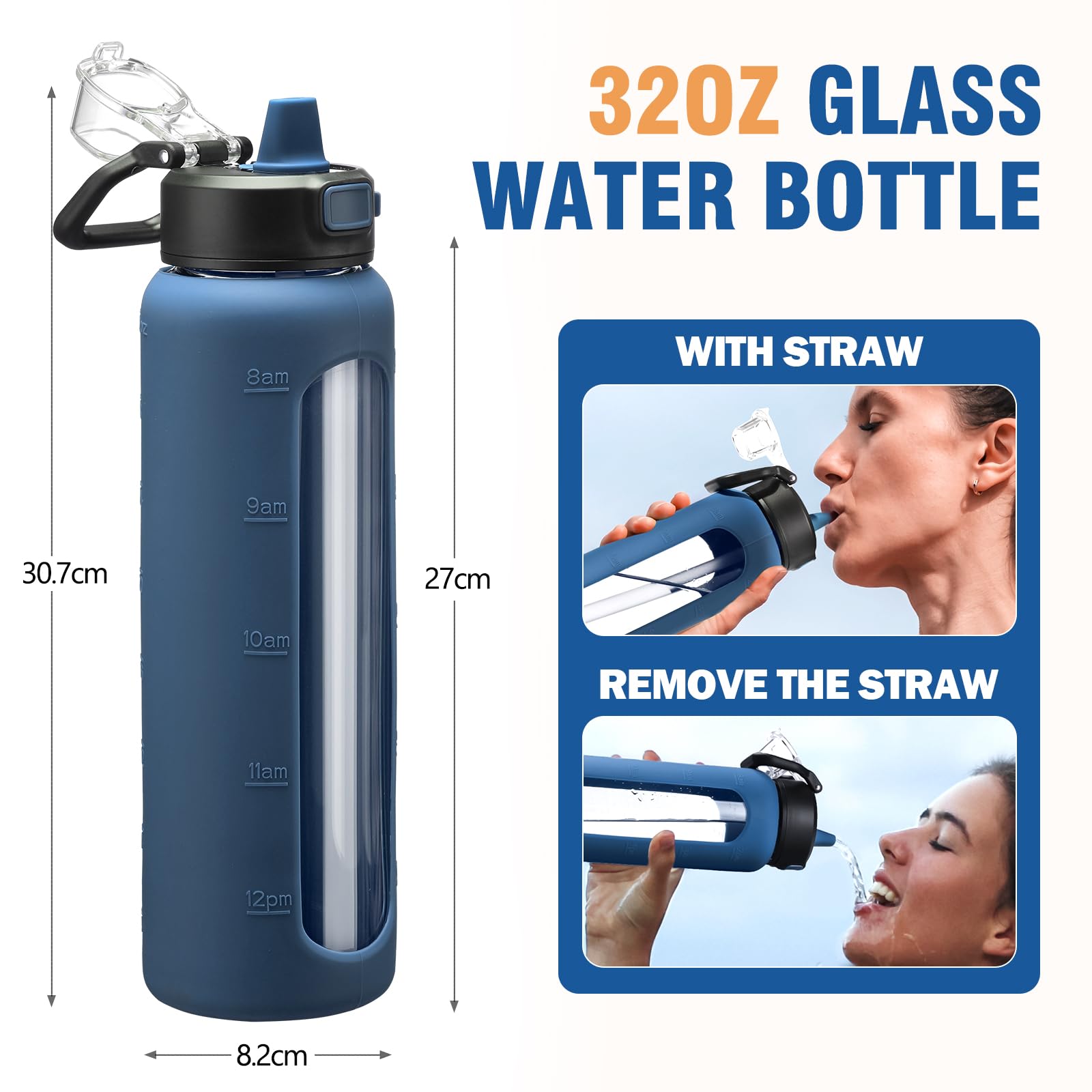 BLUEGO 900ml Bottiglia d'acqua in vetro con manico e cannuccia con manicotto in silicone per sport da palestra all'aperto Bottiglia d'acqua motivazionale a prova di perdite, Azzurro