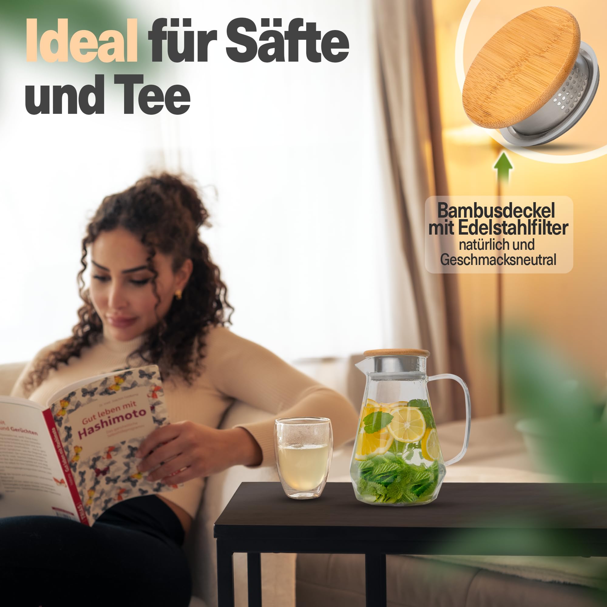 CLIDOR ® - Caraffa in vetro – 1,5 litri (spessore in vetro rinforzato) caraffa per bevande calde e fredde – beccuccio antigoccia – caraffa per acqua – teiera in vetro – robusta caraffa in vetro con