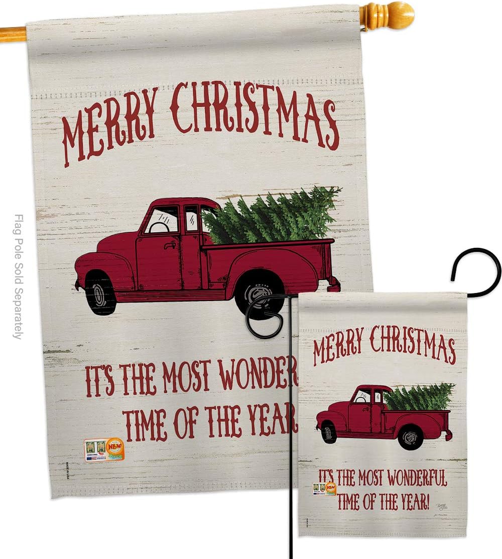 Merry Christmas Vintage Truck Garden House Flags Set Wintertime Santa Marry Xmas Present Reindeer Season Snow Small Decorative Gift Yard Banner Made In USA 28 X 40