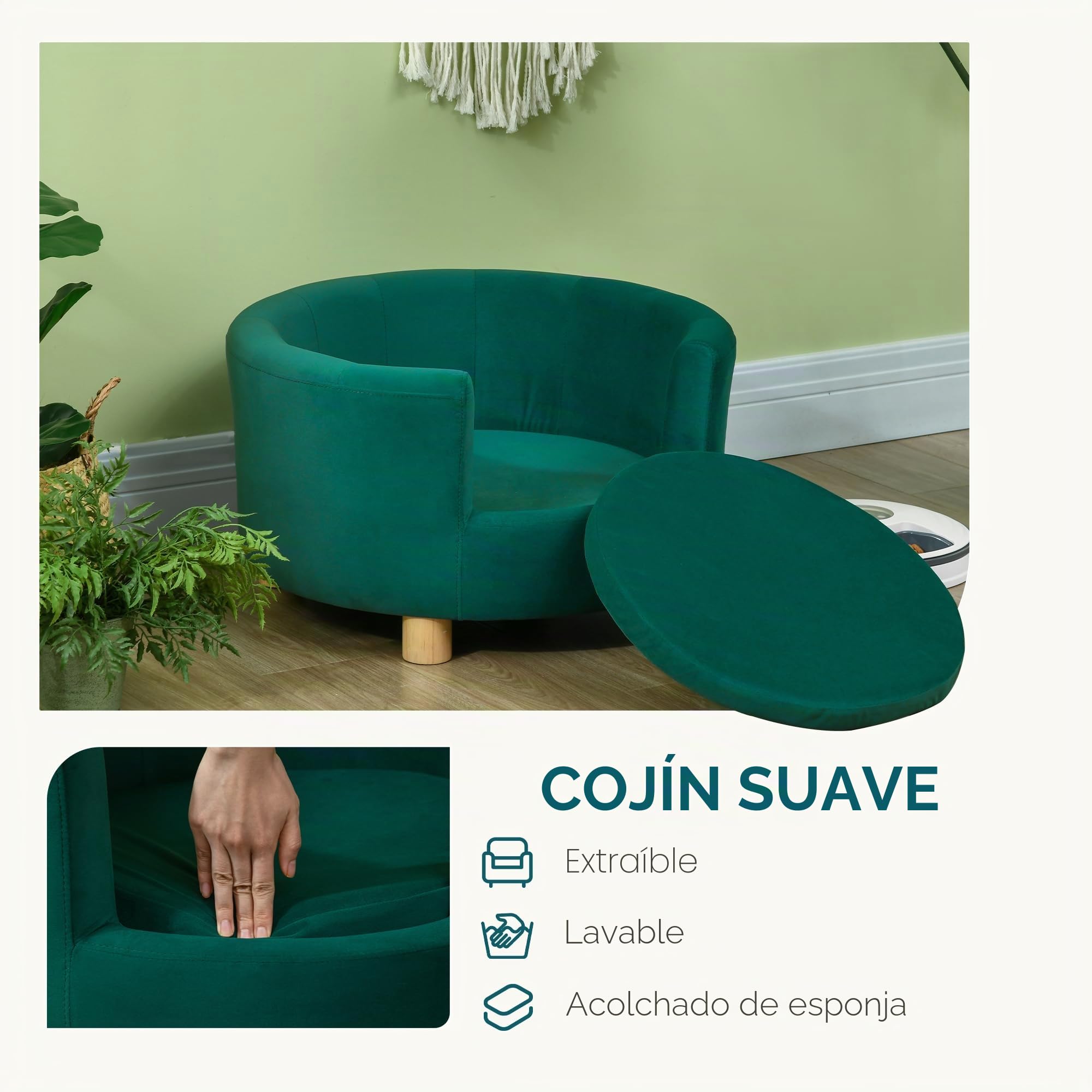PawHut Sofá Moderno en Forma de Nido para Gato o Perro Miniatura Verde | Respaldo envuelto, cojín suave