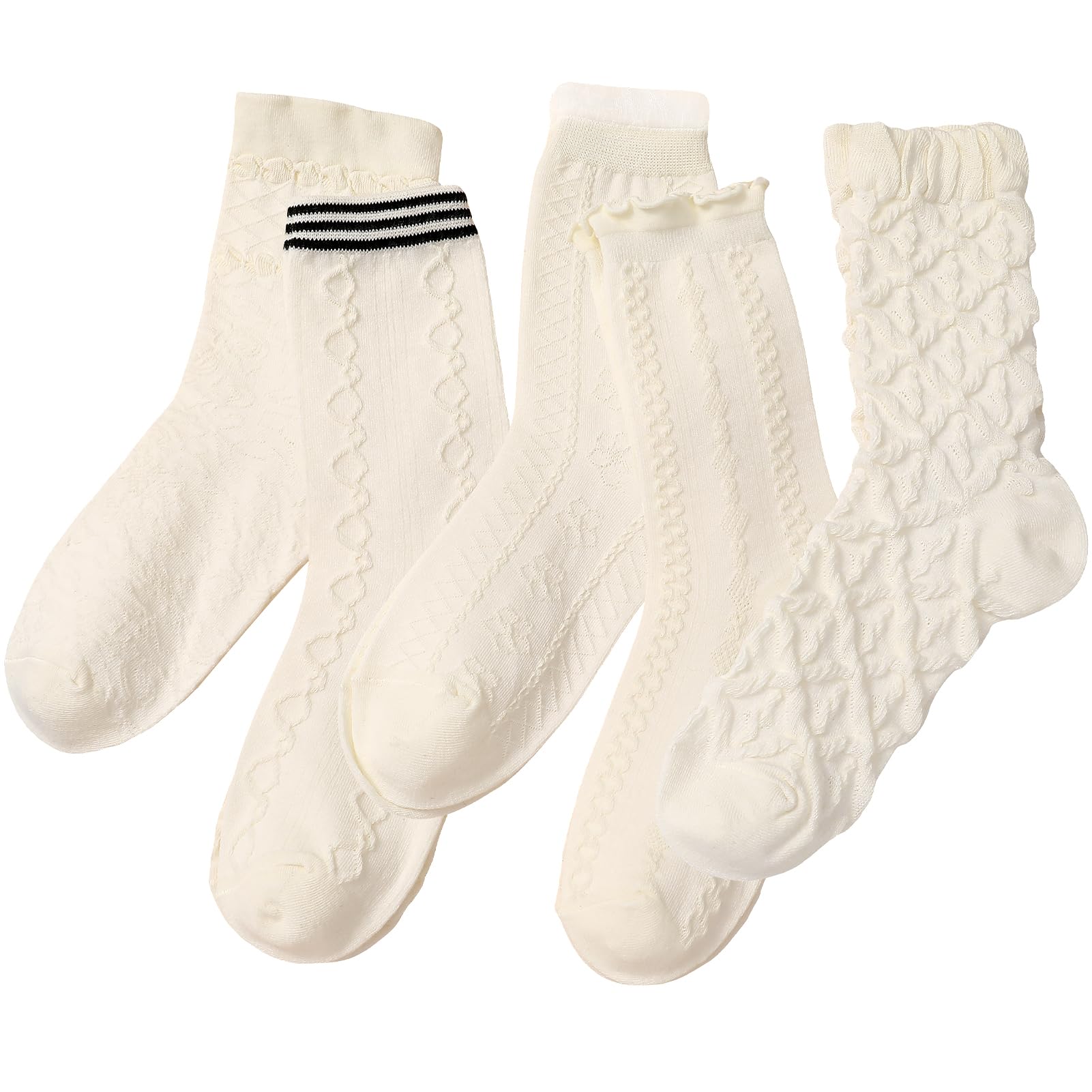5 Pair Beige Cute Cottagecore Floral Lace Ruffle Women's Socks Kawaii Cable Knit Frilly Ankle Socks 5-9