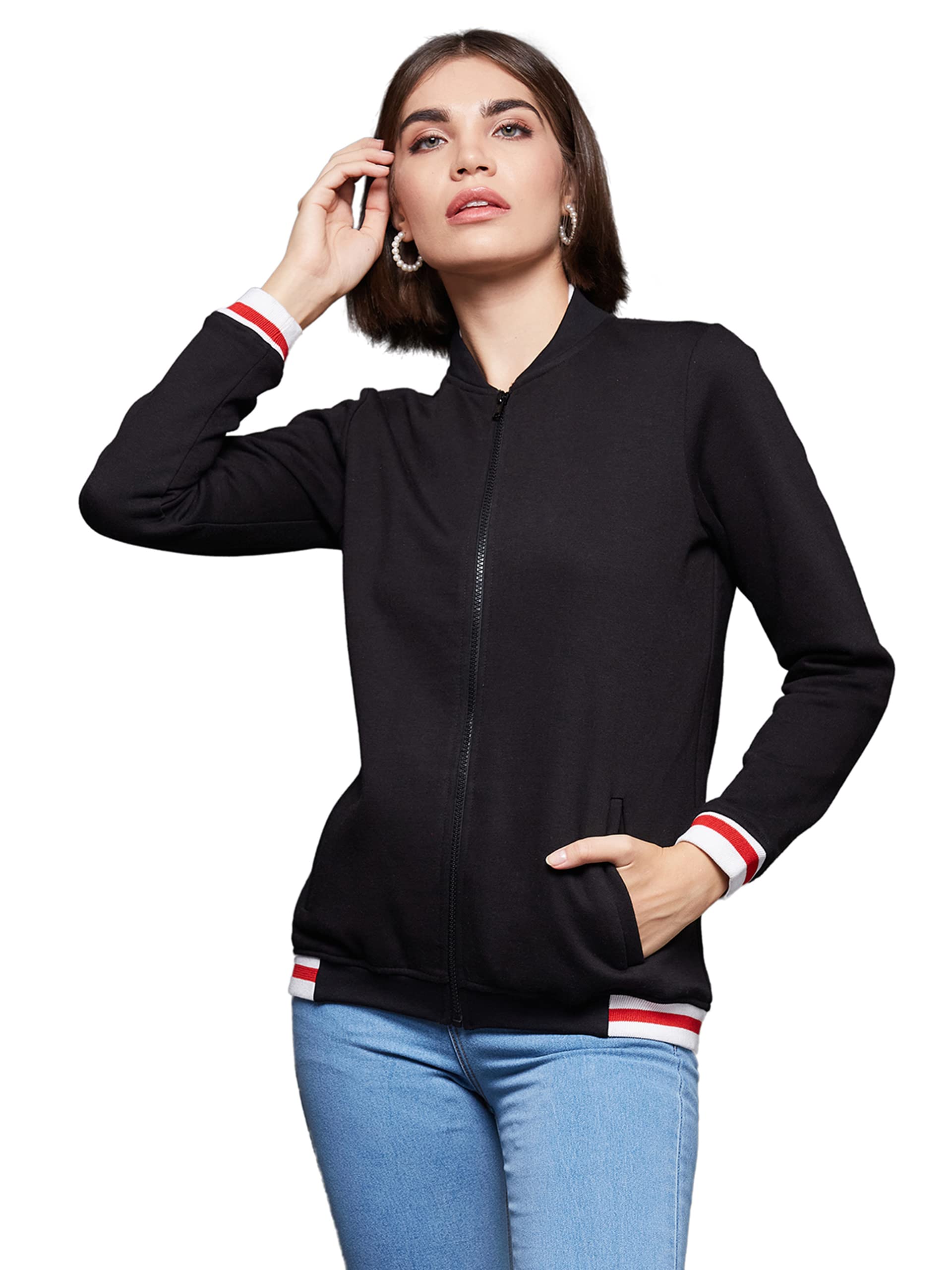 miss chase Women's Black V-Neck Full Sleeve Solid Multicolored Bomber Jacket-picture-27