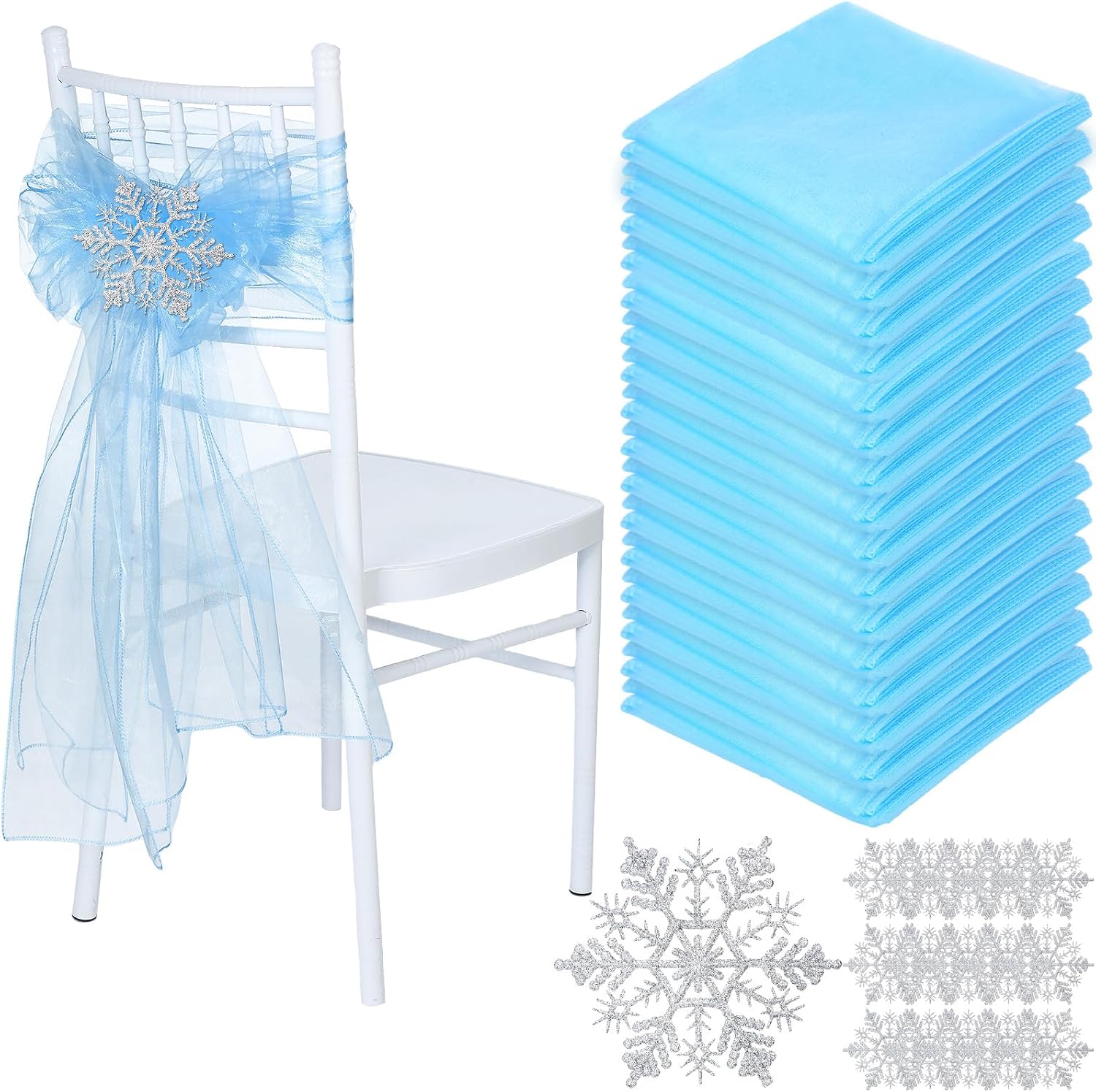 Breling 20 Set Snow Princess Chair Sashes Winter Wonderland Decorations Organza ICY Blue Dining Chair Slipcovers Bows Ribbon Silver Snowflake Glittery Ornament for Birthday Xmas Favor, 6.5" x 108"