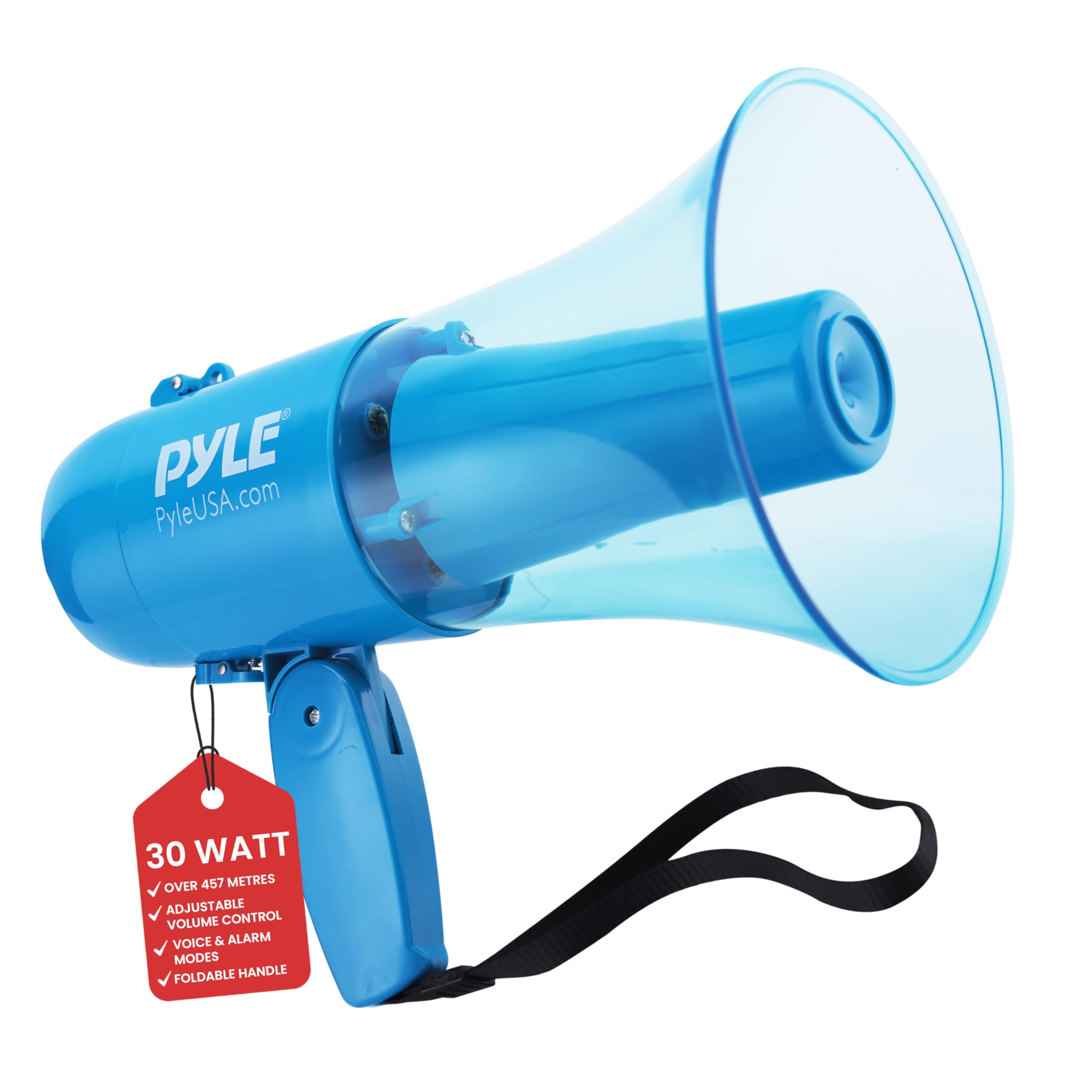 Pyle Wodoodporny Megafon 30W Bullhorn, Przenośny Głośnik Na Baterie, Zasięg 500 Jardów, 4 Baterie Typu C, Nagrywanie Syreny I Muzyki (Niebieski Transparentny)