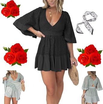 Womens Lace Crochet Romper Dress with Built-In Shorts, V Neck Batwing Sleeves Open Back Lace Crochet Romper Dress