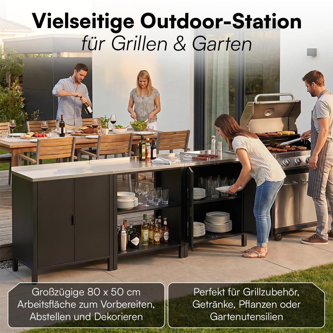 STEELSØN Zephios Gartenschrank 94,5x80x50 cm – Outdoor Küchenschrank mit Edelstahl Arbeitsplatte & 2 Fächern – stabile Kommode aus Metall – Terrassenschrank wetterfest Terrasse/Grillstation, schwarz